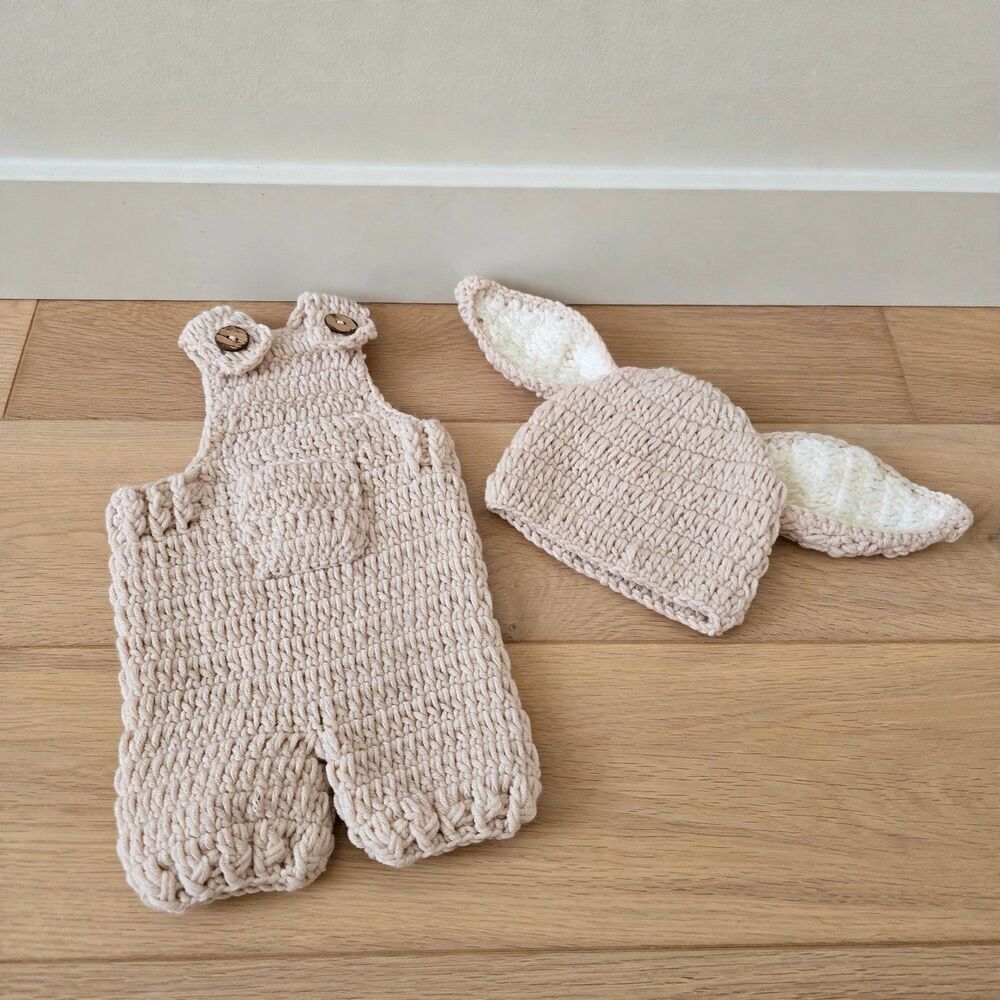 Handmade Crochet Newborn Photo Shoot Outfit Set Romper and Animal Ear Hat Bunny